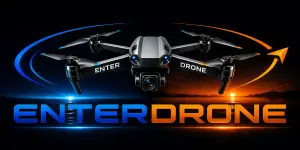 EnterDrone logo met drone en blauwe en oranje kleurstijl